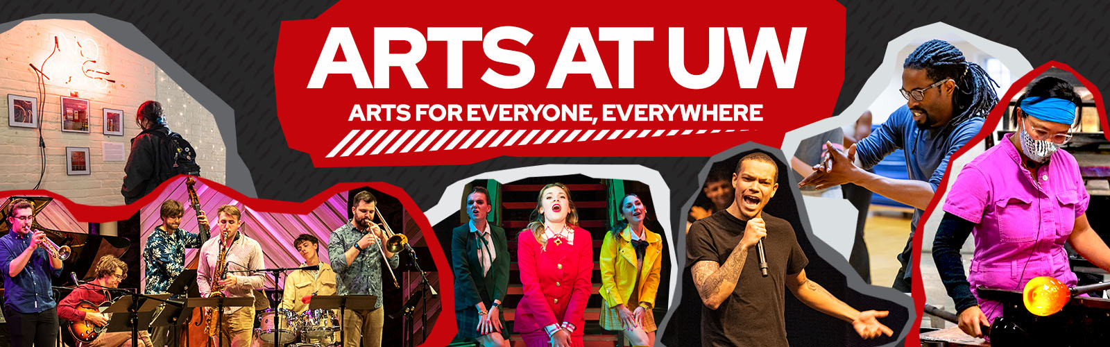 Collage featuring students creating and performing